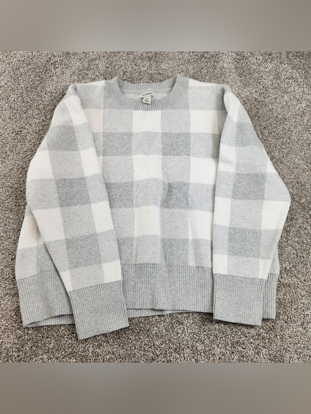 LL Bean Sweater Womens Size Petite Medium Gray Plaid Cashmere Cotton Cabin Core